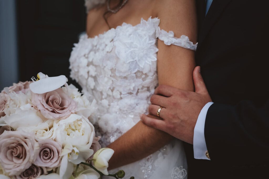 Bride's wedding bouquet detail shot with roses at Friern Manor – fine art wedding photography by Lily & White